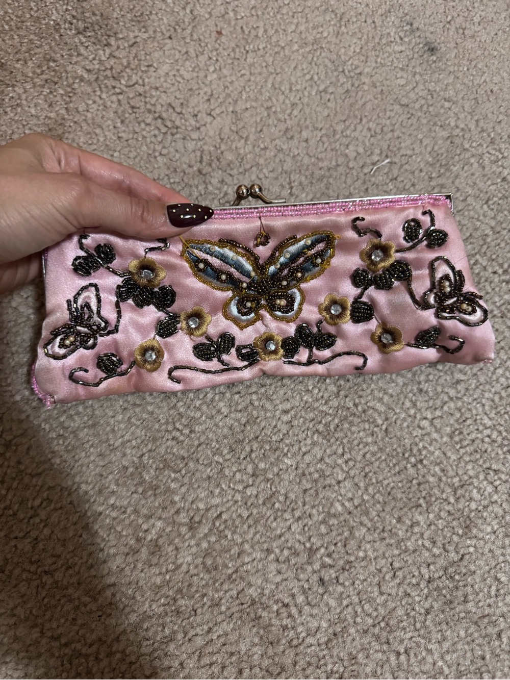 Vtg Pink Embroidered Butterfly Beaded Clutch
